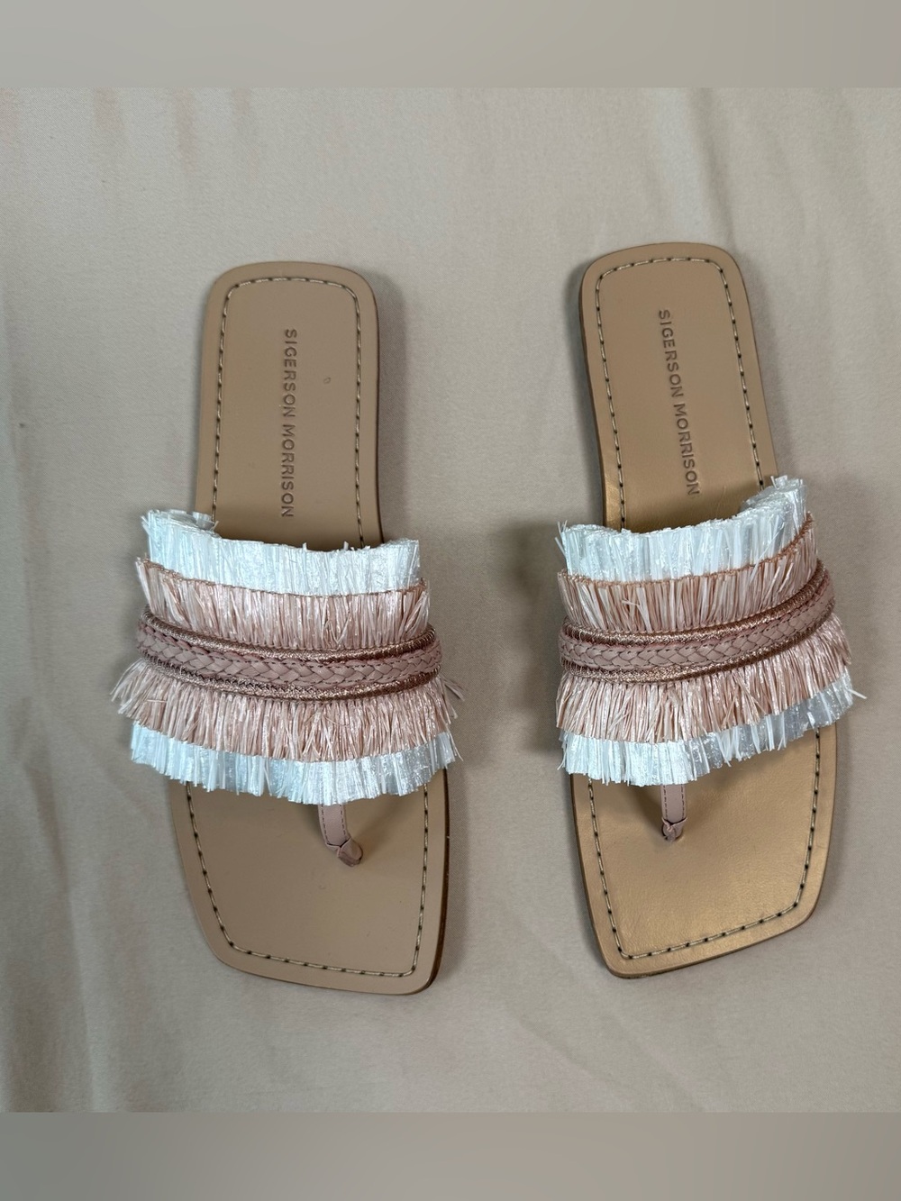Sigerson Morrison Raffia Pink and White Boho Sandals, size 7.5.